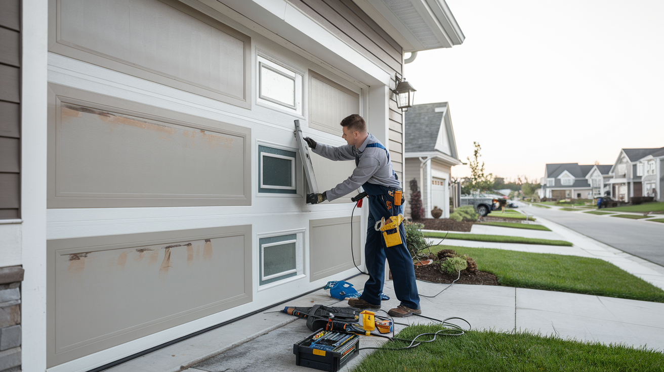 A technician performing maintenance on a modern garage door, showcasing tools and safety equipment in a suburban home setting.