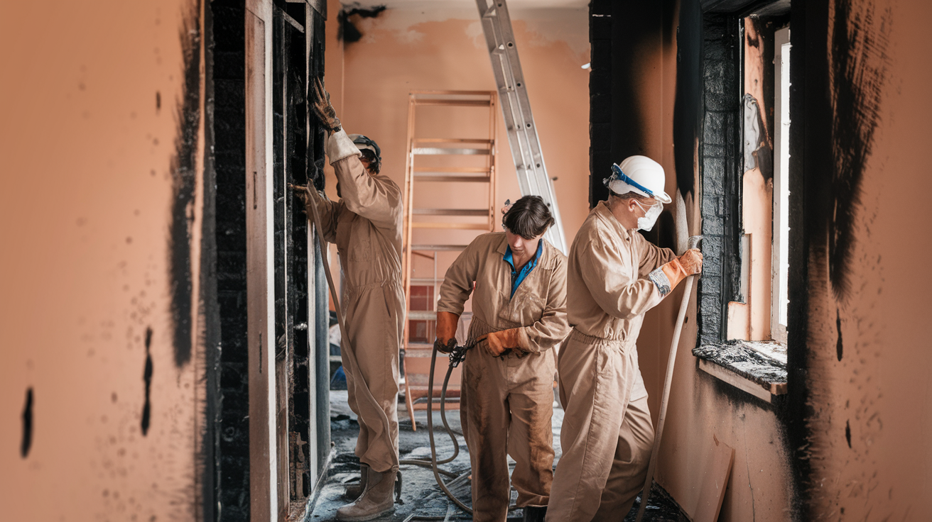 A restoration team working on a fire-damaged home, cleaning soot-covered walls and using specialized equipment for repair.